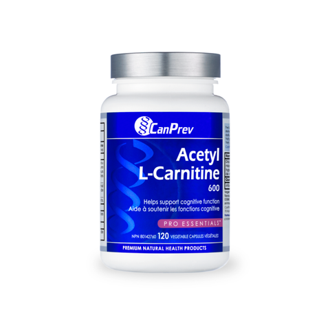 A white plastic bottle of CanPrev Acetyl L-Carnitine 600 dietary supplement with a blue and white label and a silver cap, shown on a white background.