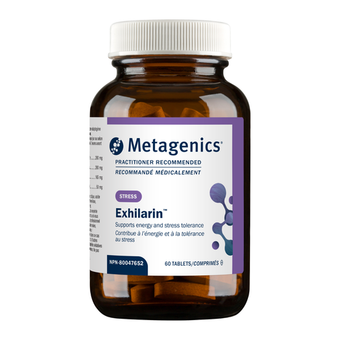 Metagenics Exhilarin supplement bottle on a white background