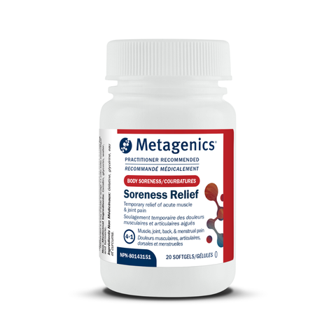 A white plastic bottle of Metagenics Soreness Relief softgels with a white, red, and blue label, set against a plain white background.