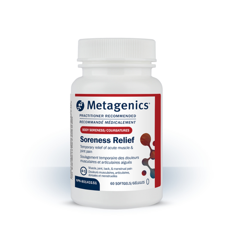 A white plastic bottle of Metagenics Soreness Relief softgels with a white cap, shown on a clean white background with a soft shadow.