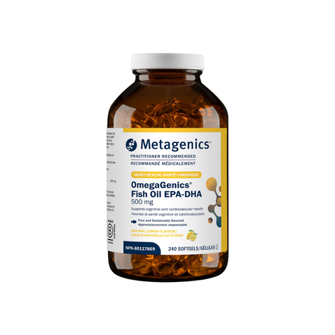 Metagenics OmegaGenics Fish Oil EPA-DHA bottle on a white background