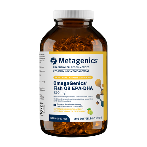 Metagenics OmegaGenics Fish Oil EPA-DHA bottle on a white background