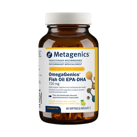 Metagenics OmegaGenics Fish Oil EPA-DHA supplement bottle on a white background