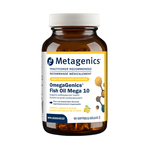 Metagenics OmegaGenics Fish Oil Mega 10 bottle on a white background