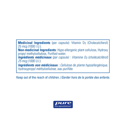Pure Encapsulations Vitamin D3 1000 IU label