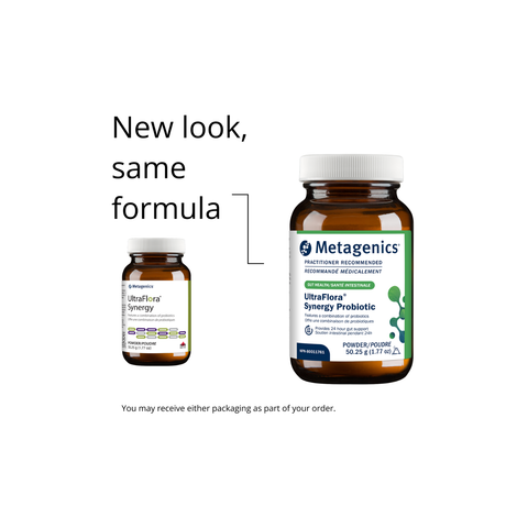 Two bottles of Metagenics UltraFlora Synergy Probiotic on a white background with text 'New look, same formula'.