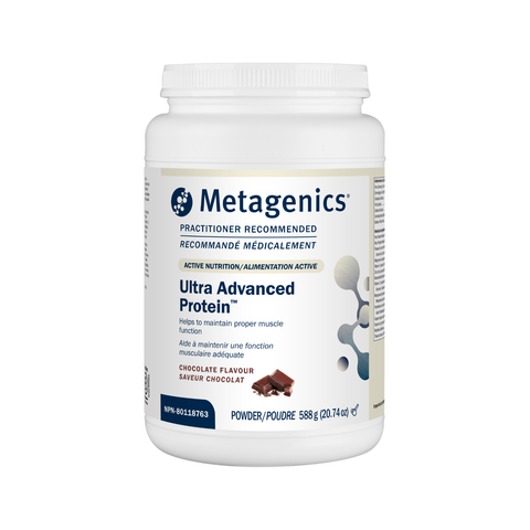 Metagenics Ultra Advanced Protein powder container on a white background