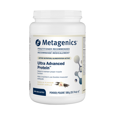 Metagenics Ultra Advanced Protein powder container on a white background