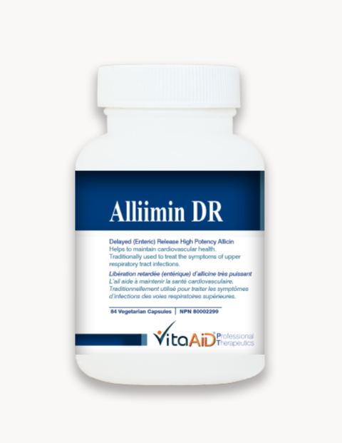 A white plastic bottle of VitaAiD Allimin DR capsules, featuring a white and dark blue label with white text, set against a plain white background.